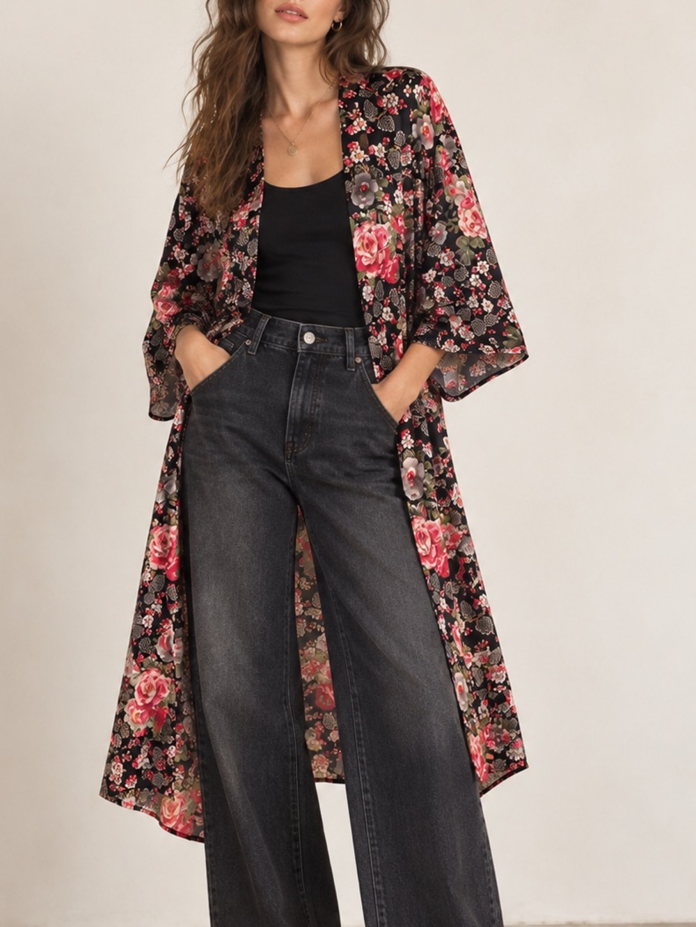 Secret Treasures Black Pink Floral Satin Robe Kimono Duster Cardigan L Y2K